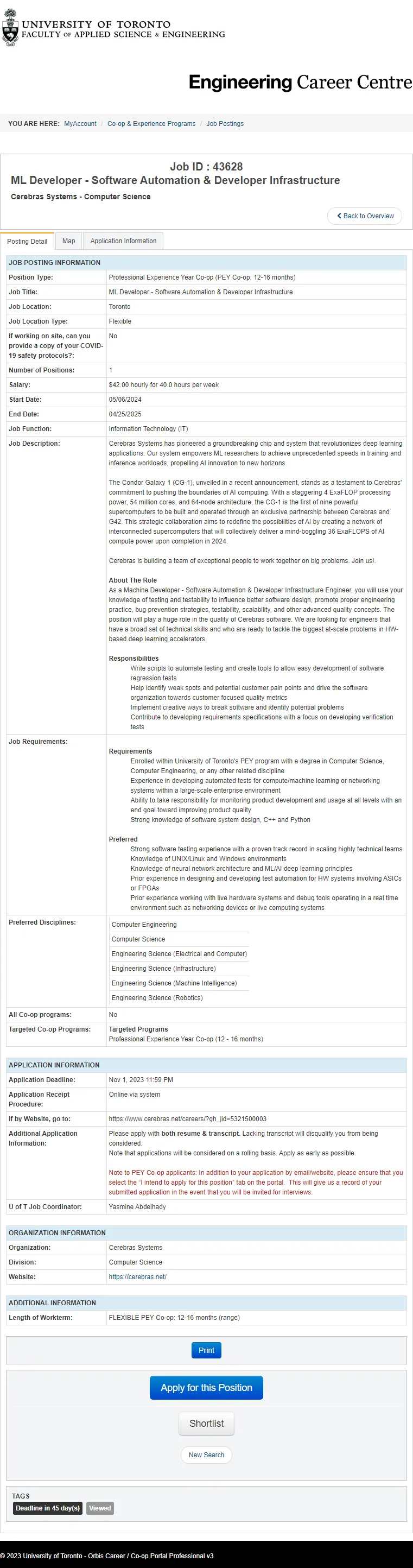 Old design for PEY job postings. One of the earliest jobs to be posted on the job board for my cohort (2T5) in 2023. Shown: ML Developer - Software Automation & Developer Infrastructure @ Cerebras