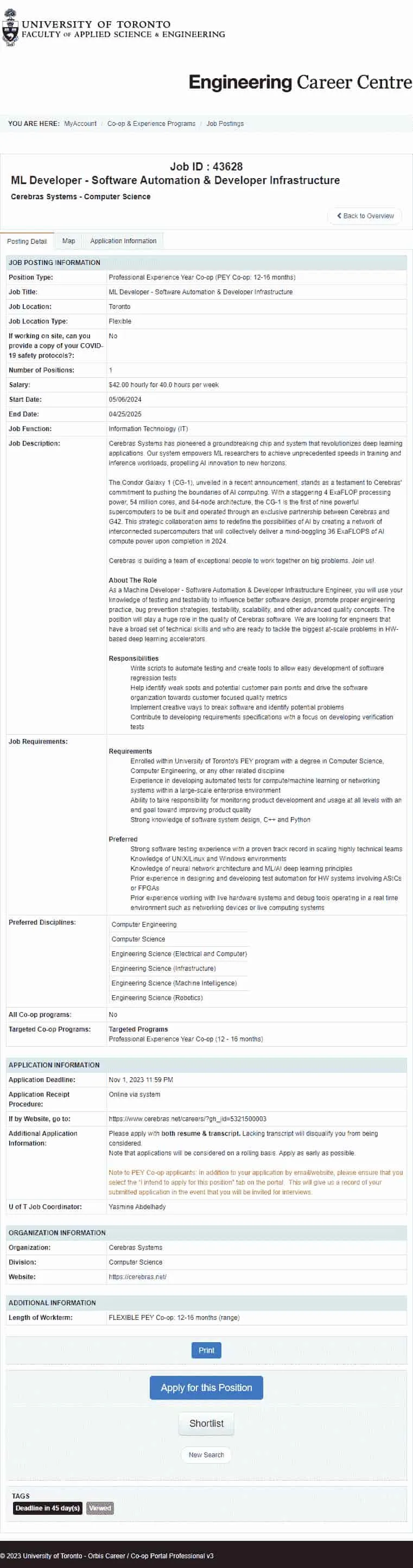 Old design for PEY job postings. One of the earliest jobs to be posted on the job board for my cohort (2T5) in 2023. Shown: ML Developer - Software Automation & Developer Infrastructure @ Cerebras