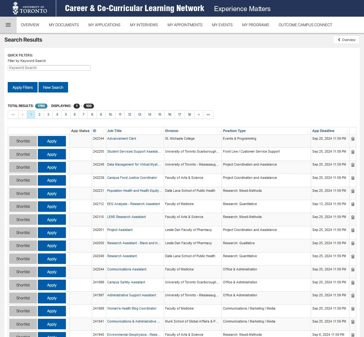 CLNx job listings page showing various job postings