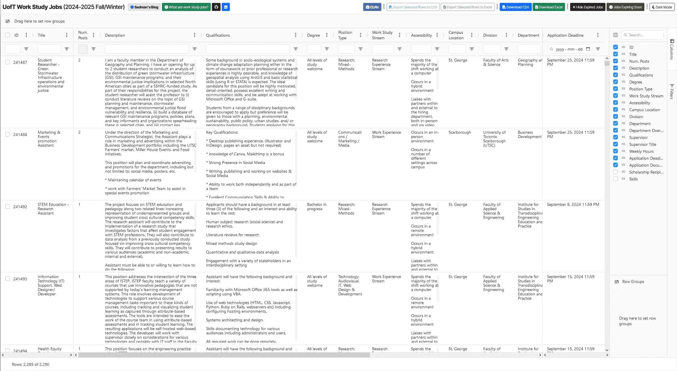 Redesigned UofT work study job postings dashboard at sadman.ca/uoft-work-study-2024