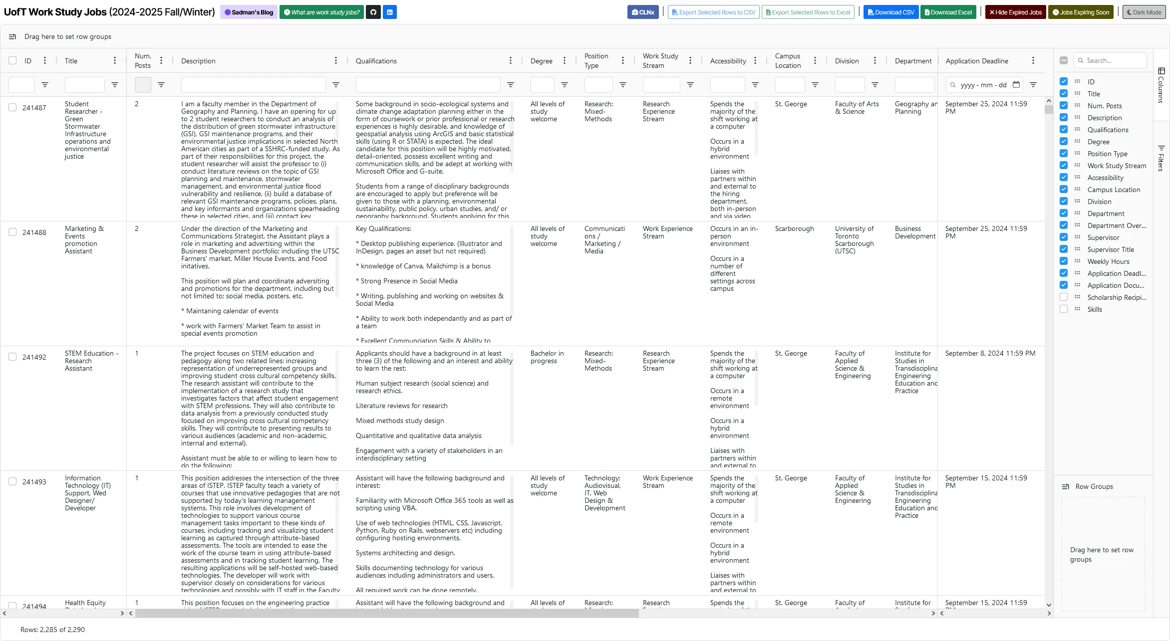 Redesigned UofT work study job postings dashboard