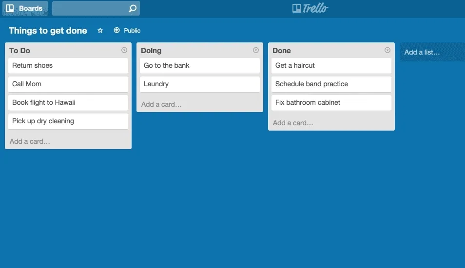 A kanban board with cards in Trello