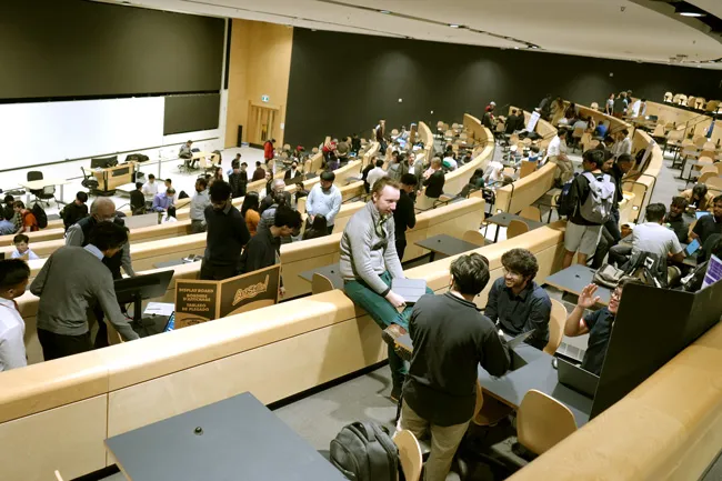 In April, fourth-year ECE students gathered over three nights in the Myhal Centre to present their yearlong design project as part of the 2023 ECE Capstone Design Fair. (Photo: Matthew Tierney)